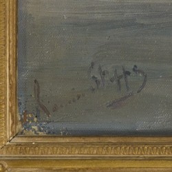 Romain Steppe (Antwerpen 1859 - 1927), (toegeschreven aan) Een platbodem op een rivier, (check authenticiteit).