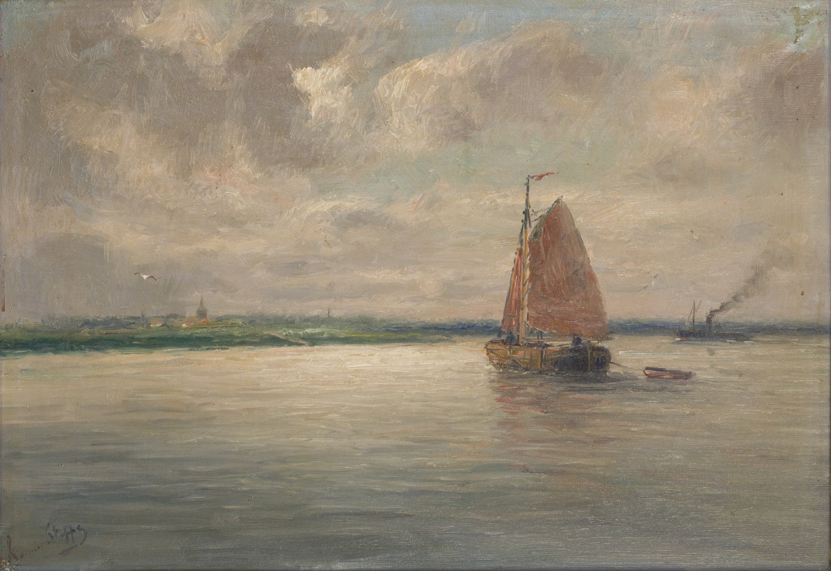 Romain Steppe (Antwerpen 1859 - 1927), (toegeschreven aan) Een platbodem op een rivier, (check authenticiteit).