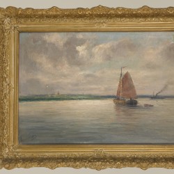 Romain Steppe (Antwerpen 1859 - 1927), (toegeschreven aan) Een platbodem op een rivier, (check authenticiteit).
