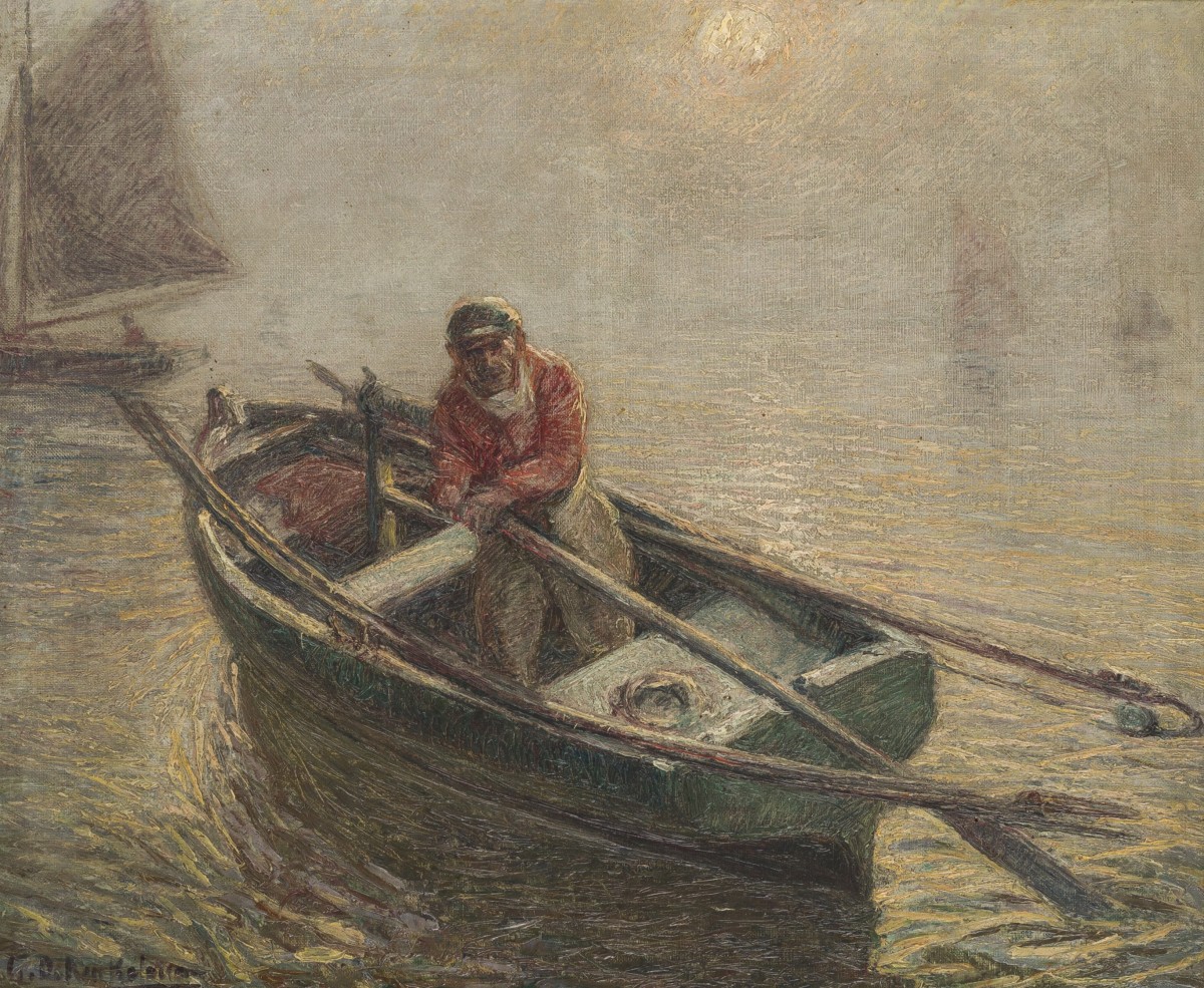 Belgische School, ca. 1900. Een visser in zijn roeiboot.