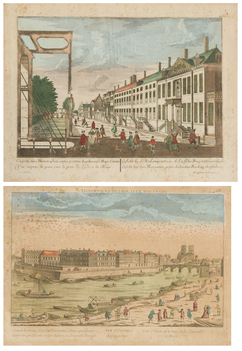 Een lot bestaande uit (2) opticaprenten voorstellende "Ile Saint Louis, Parijs" en "Langs de Koekamp in Den Haag", 18e eeuw. 