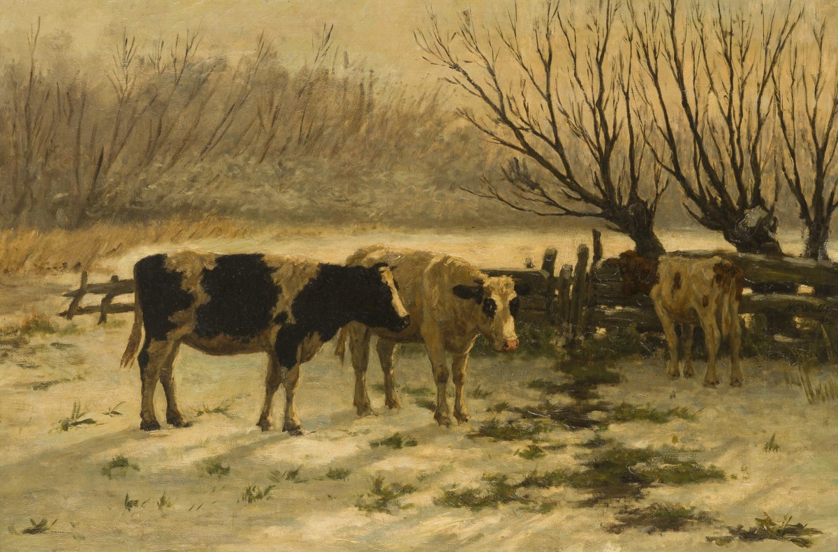 Hermanus Gerhardus Wolbers ( Heemstede 1856 - 1926 Den Haag), Koeien in een besneeuwde weide.