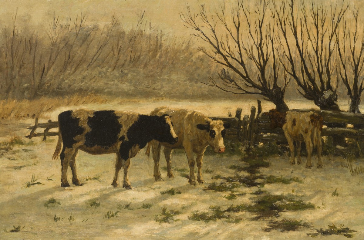 Hermanus Gerhardus Wolbers ( Heemstede 1856 - 1926 The Hague), Cows in a snow-covered meadow.
