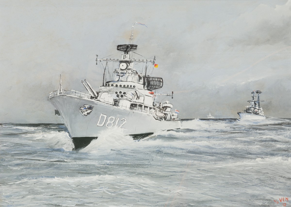 Gesigneerd "vd Ven" (C.W. vd Ven, 20th eeuw), Torpedoboot jagers op volle kracht. Hr. Ms. Friesland op de voorgrond
