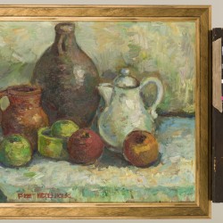 Piet Middelhoek (Brielle 1930 - 2004), Stilleven met oliekan, theepot en appels.
