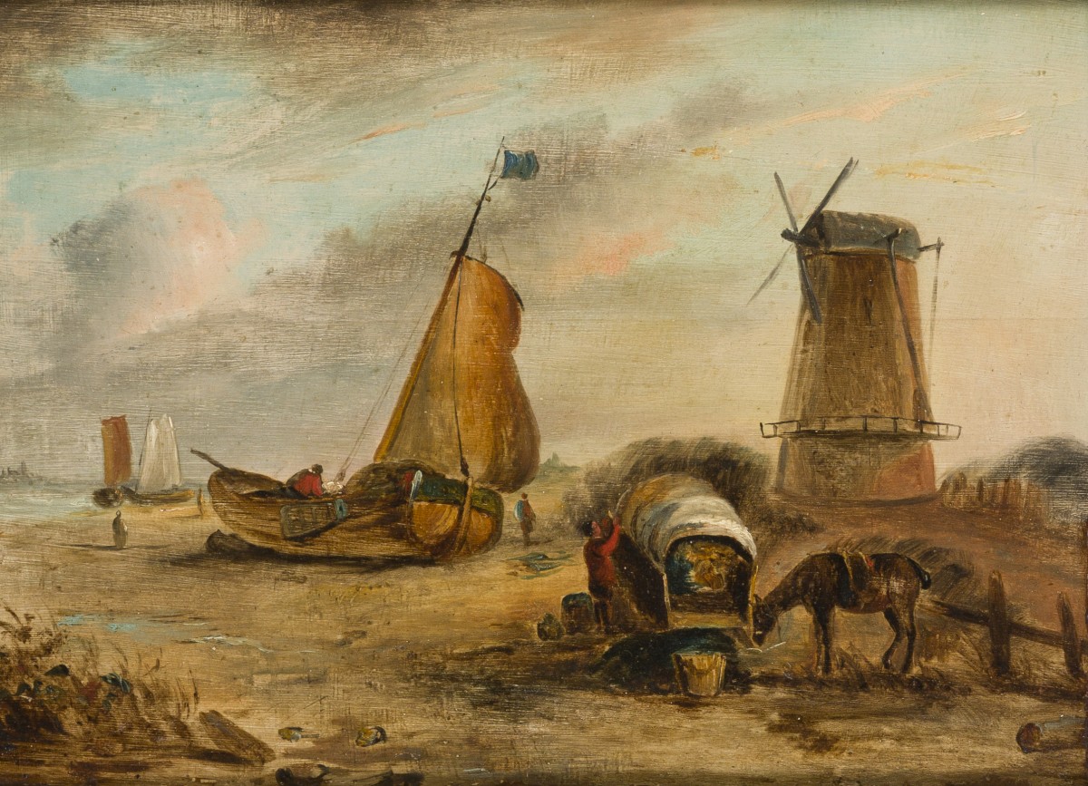 Hollandse School, 19e/20e eeuw. Platbodems en een molen aan de waterkant.