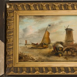 Hollandse School, 19e/20e eeuw. Platbodems en een molen aan de waterkant.