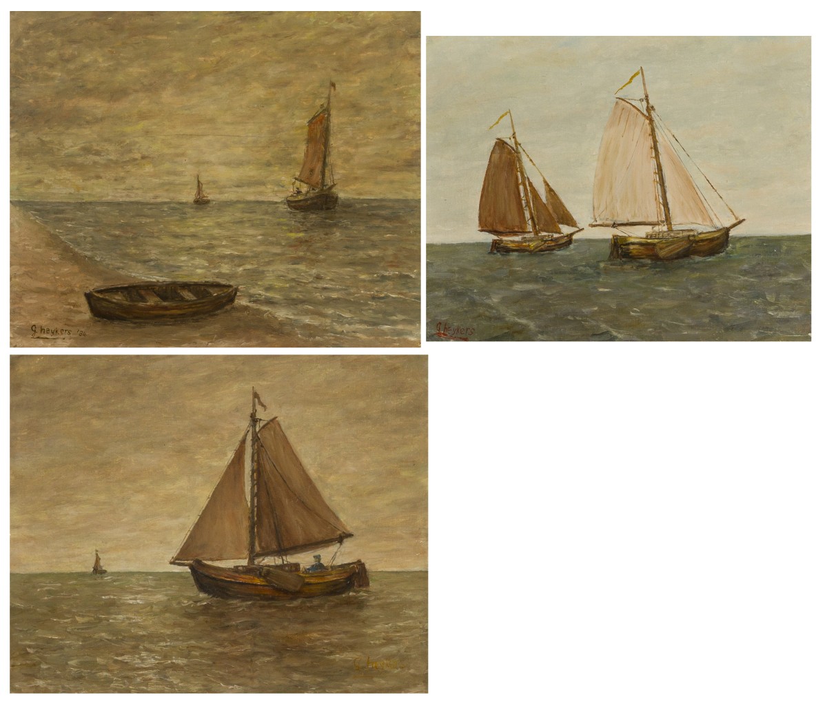 Een collectie van (3) volkskunst schilderijtjes van bootjes op de Zuiderzee.