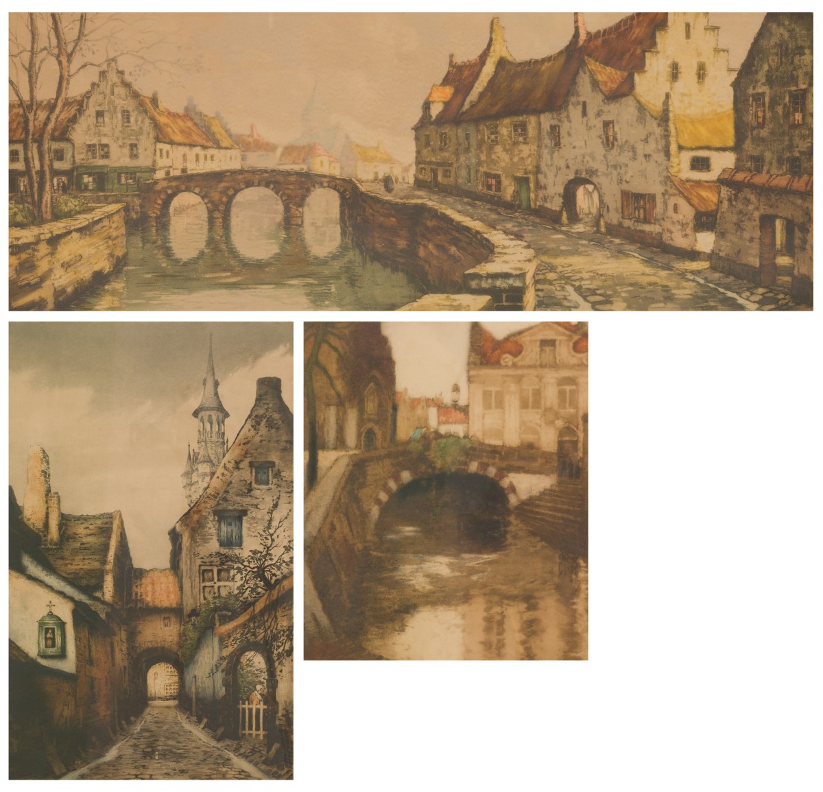 Een lot bestaande uit 3 kleuren etsen, allen met voorstelling van Brugge.