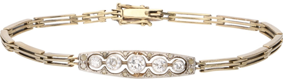 14 kt. Geelgouden art deco armband bezet met ca. 0.40 ct. diamant.