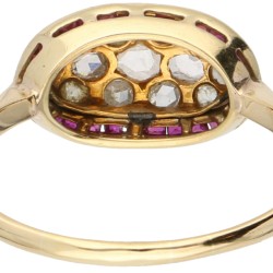 14 kt. Geelgouden art deco ring bezet met roos geslepen diamant en robijn.