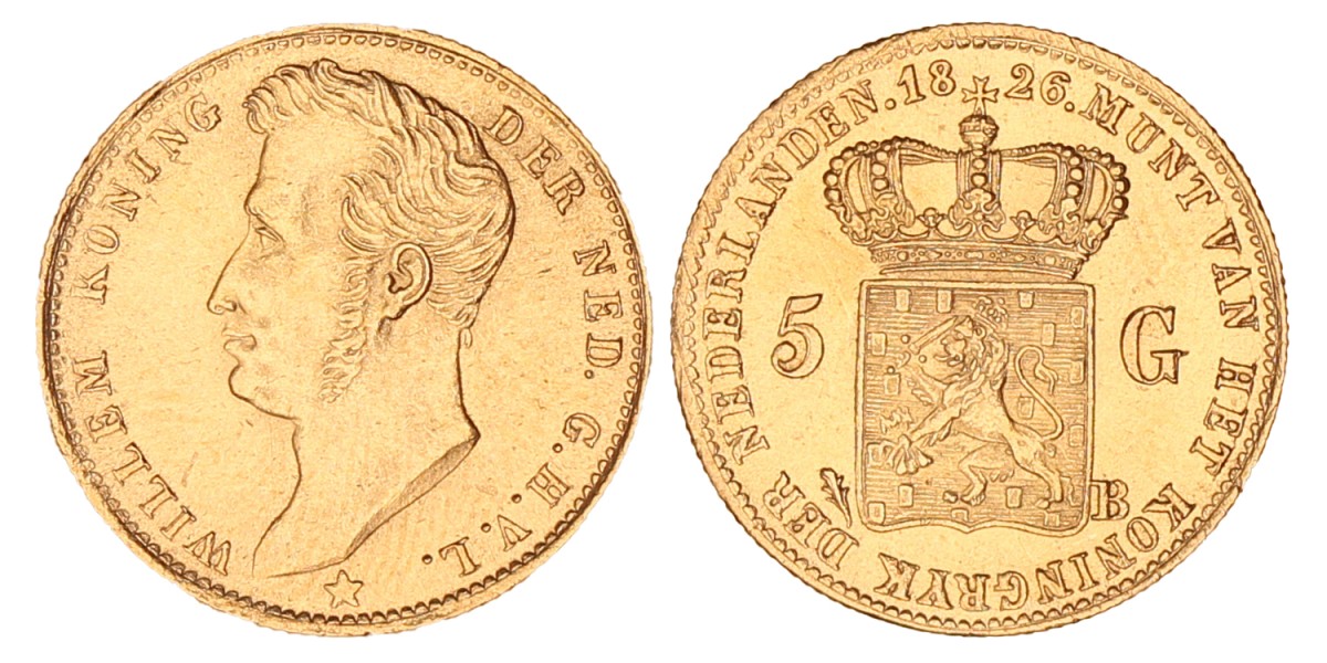 5 gulden goud. Willem I. 1826 B. Prachtig.