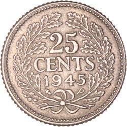 25 Cent. Wilhelmina. 1945 P. Zeer Fraai +.