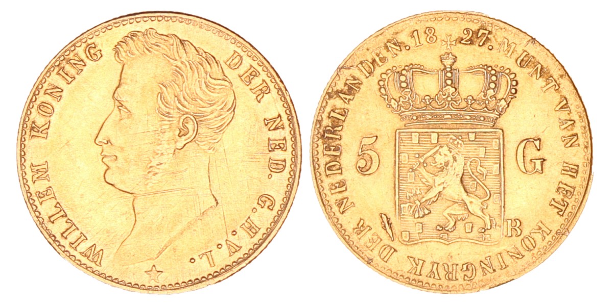 5 Gulden. Willem I. 1827 B met open B. Zeer Fraai.