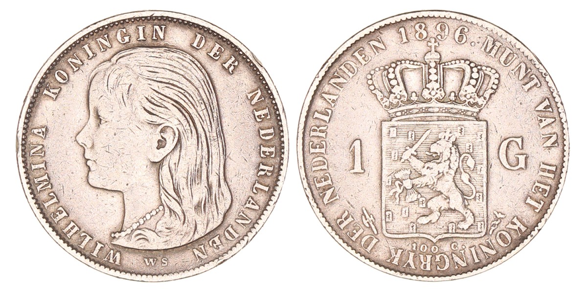 1 Gulden. Wilhelmina. 1896. Zeer Fraai.