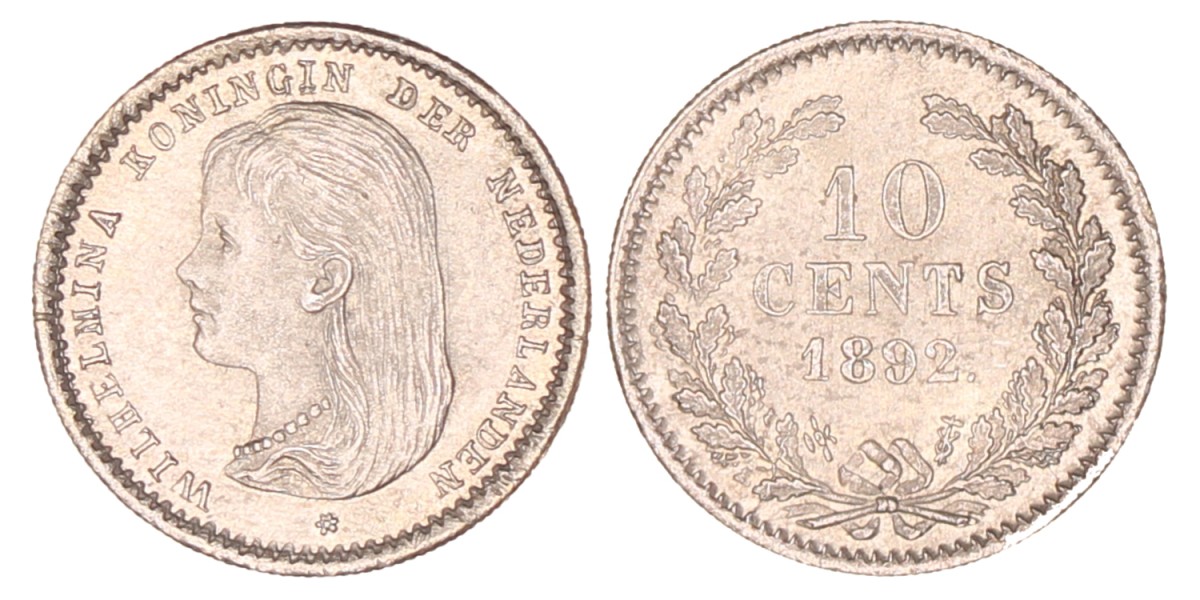 10 Cent. Wilhelmina. 1892. UNC.