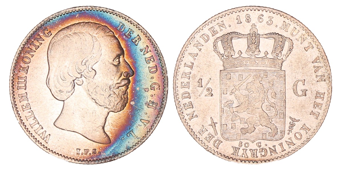 ½ Gulden. Willem III. 1863. Zeer Fraai / Prachtig.