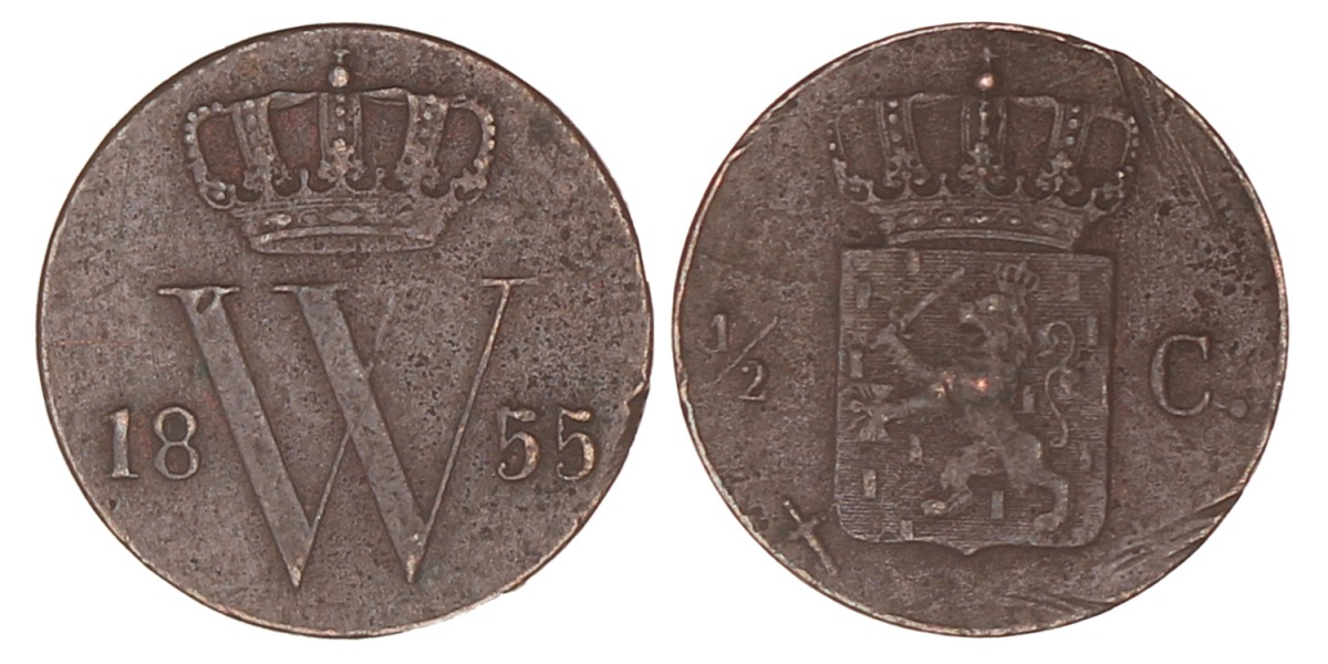 ½ Cent. Willem I. 1855. Zeer Fraai.