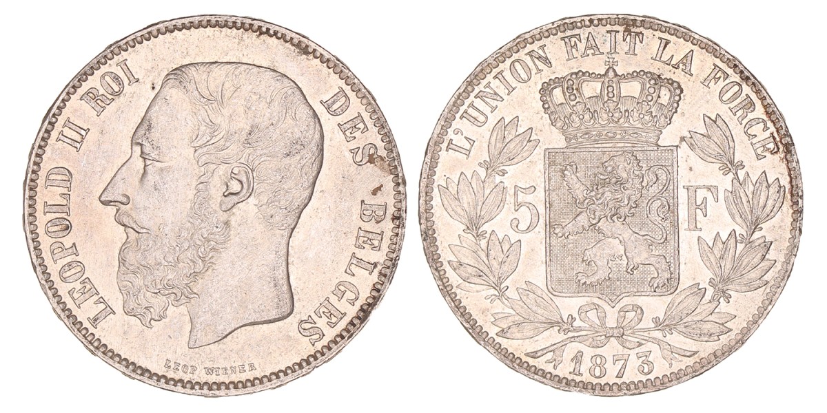 Belgium. Leopold II. 5 Francs. 1873.