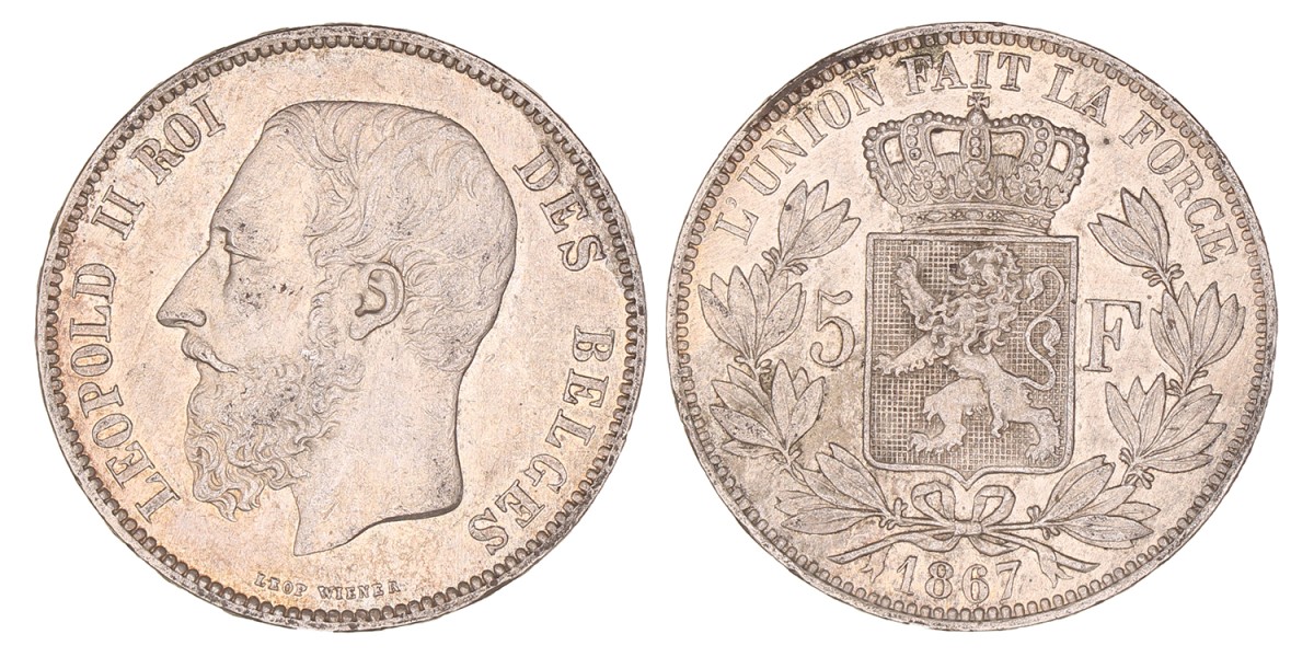 Belgium. Leopold II. 5 Francs. 1867.