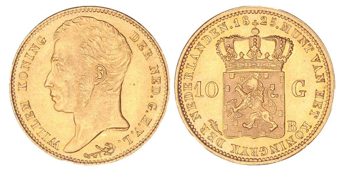 10 gulden goud. Willem I. 1825 B. Prachtig / UNC.