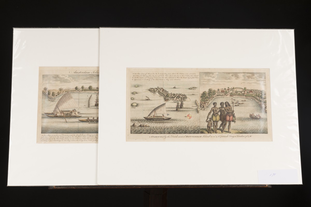 François Valentijn (1666-1727), Een lot bestaande uit (2) gravures: Het Eiland Nomuka (Rotterdam Eiland), Tonga en Amsterdam Eiland (Indische Oceaan), 1726.