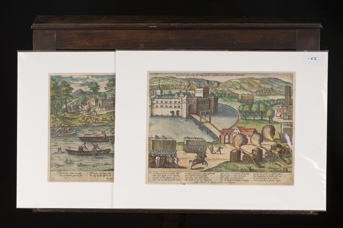 Franz HOOGENBERGH (1540-1592), Twee gravures voorstellende de belegering van Kerpen en Tours, Duitsland, 16e eeuw.