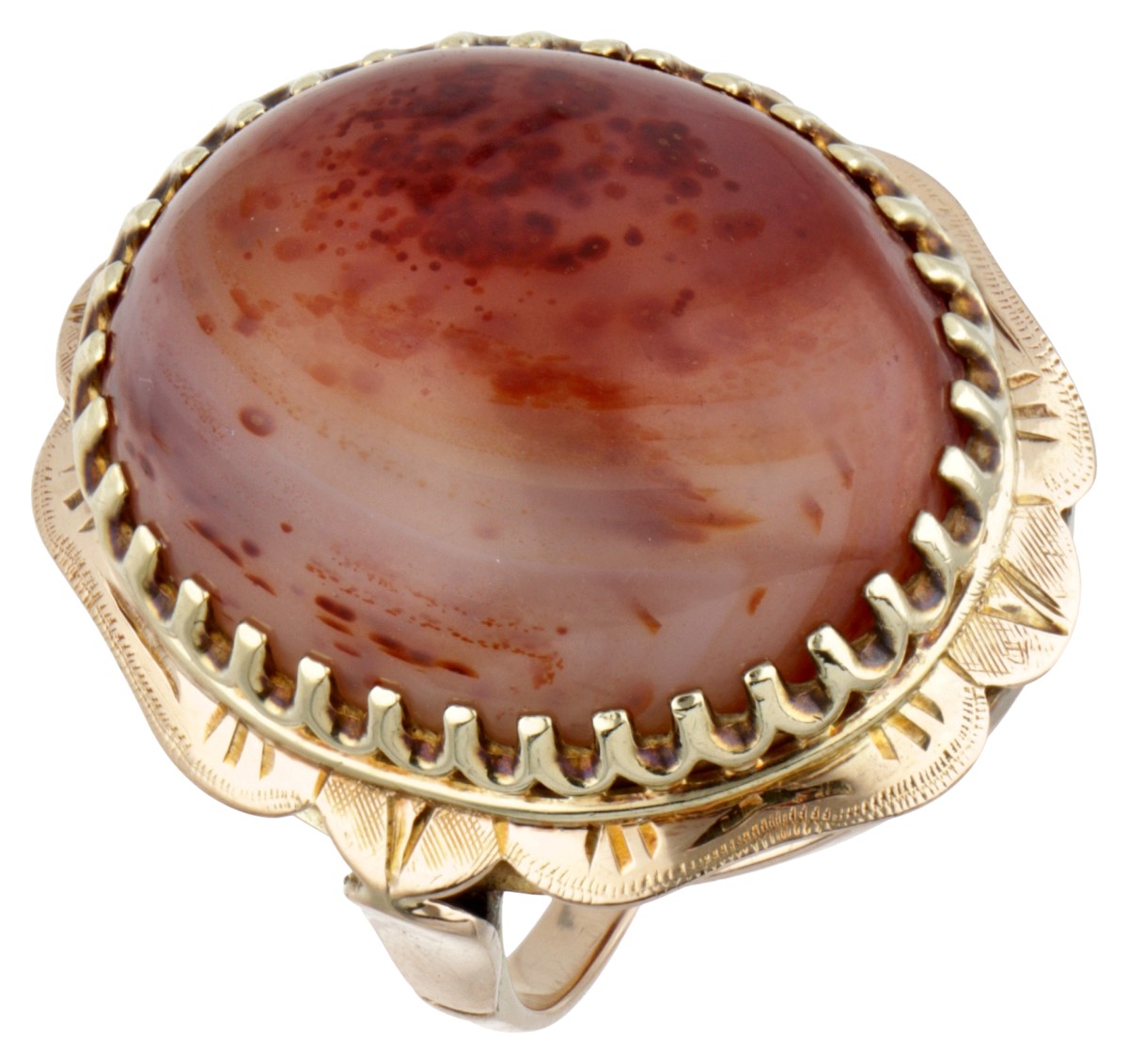 14 kt. Geelgouden vintage ring bezet met ca. 18.66 ct. agaat.