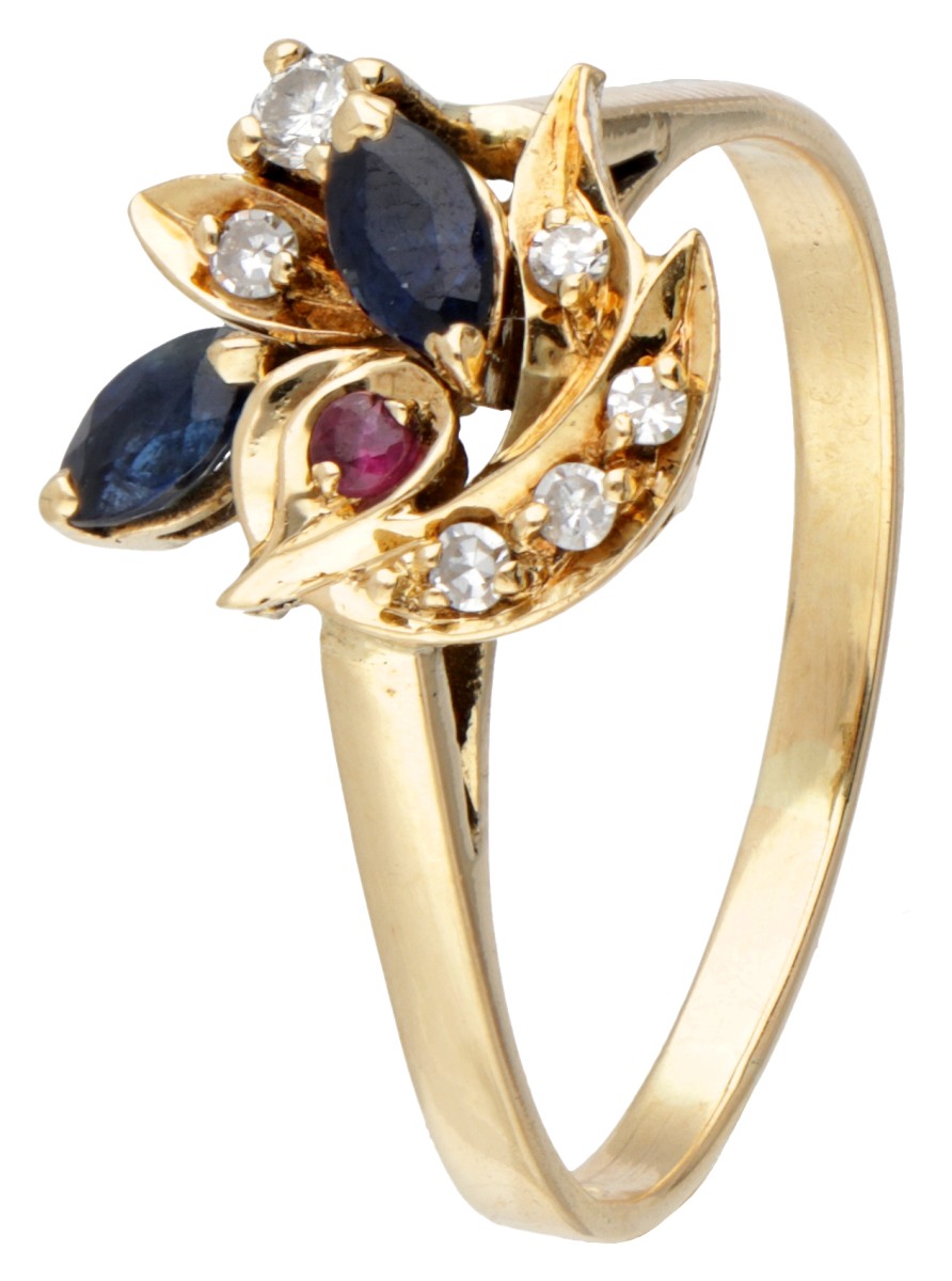 18 kt. Geelgouden Uno A Erre vintage ring bezet met ca. 0.09 ct. diamant, saffier en robijn.