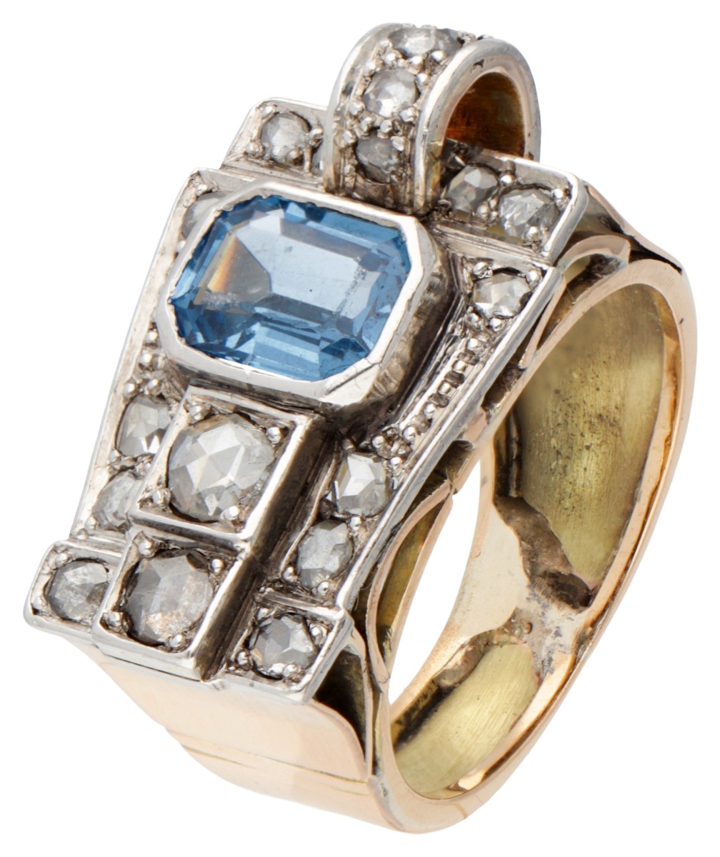 14 kt. Geelgouden retro tank ring bezet met diamant en synthetische spinel.