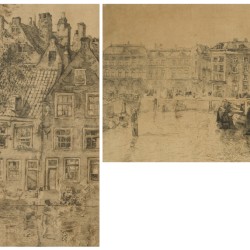 Antoon Derksen van Angeren (Delft 1878 - 1961), (2) etsen met voorstellingen van stadsgezichten te Rotterdam: Spaansche Kade en Groenendaal.