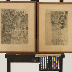 Antoon Derksen van Angeren (Delft 1878 - 1961), (2) etsen met voorstellingen van stadsgezichten te Rotterdam: Spaansche Kade en Groenendaal.