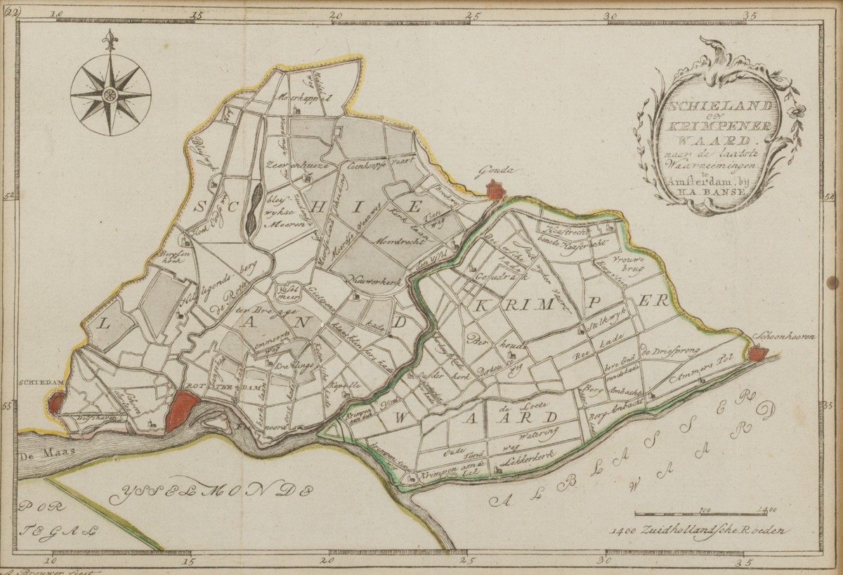 Kaart van Schieland en Krimpernerwaard, ca. 1795/97. Door A. Brouwer en Hendrik Arend Banse.