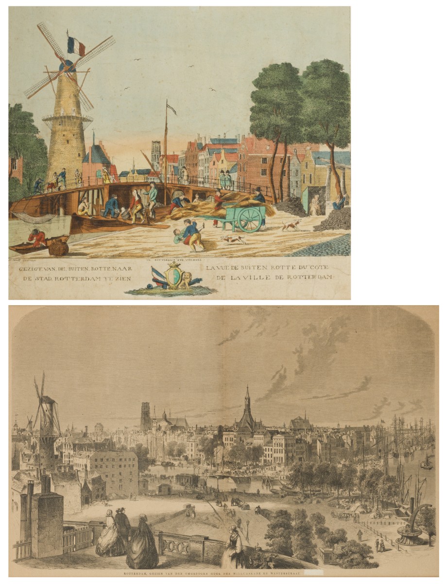 Een kavel bestaande uit een oude prent van Rotterdam èn een opticaprent van Hoedt.