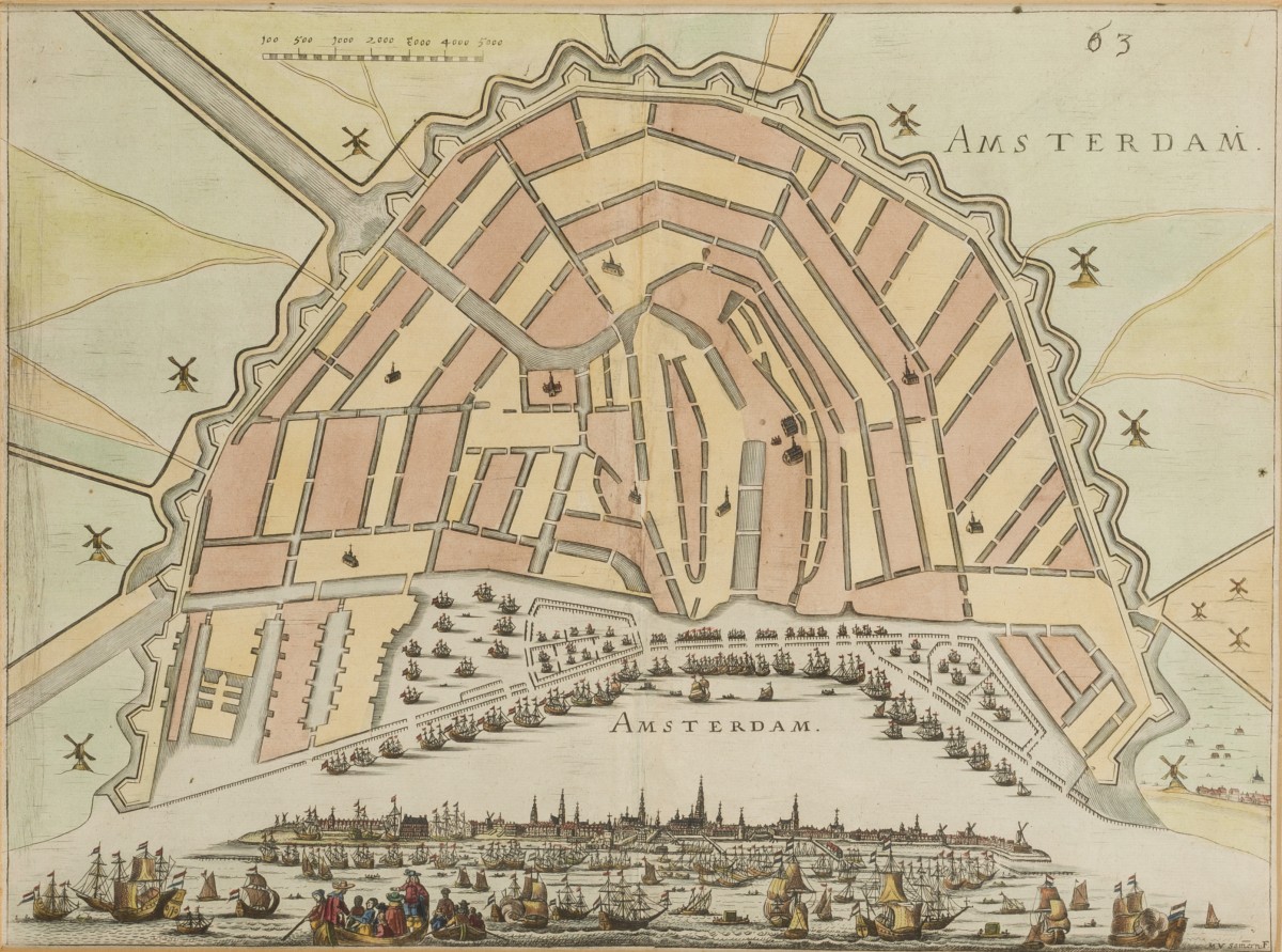 Een antieke kaart van Amsterdam, handgekleurd. Geannoteerd "M.V. Samern F. (fectit) (rechtsonder).