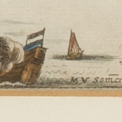 Een antieke kaart van Amsterdam, handgekleurd. Geannoteerd "M.V. Samern F. (fectit) (rechtsonder).