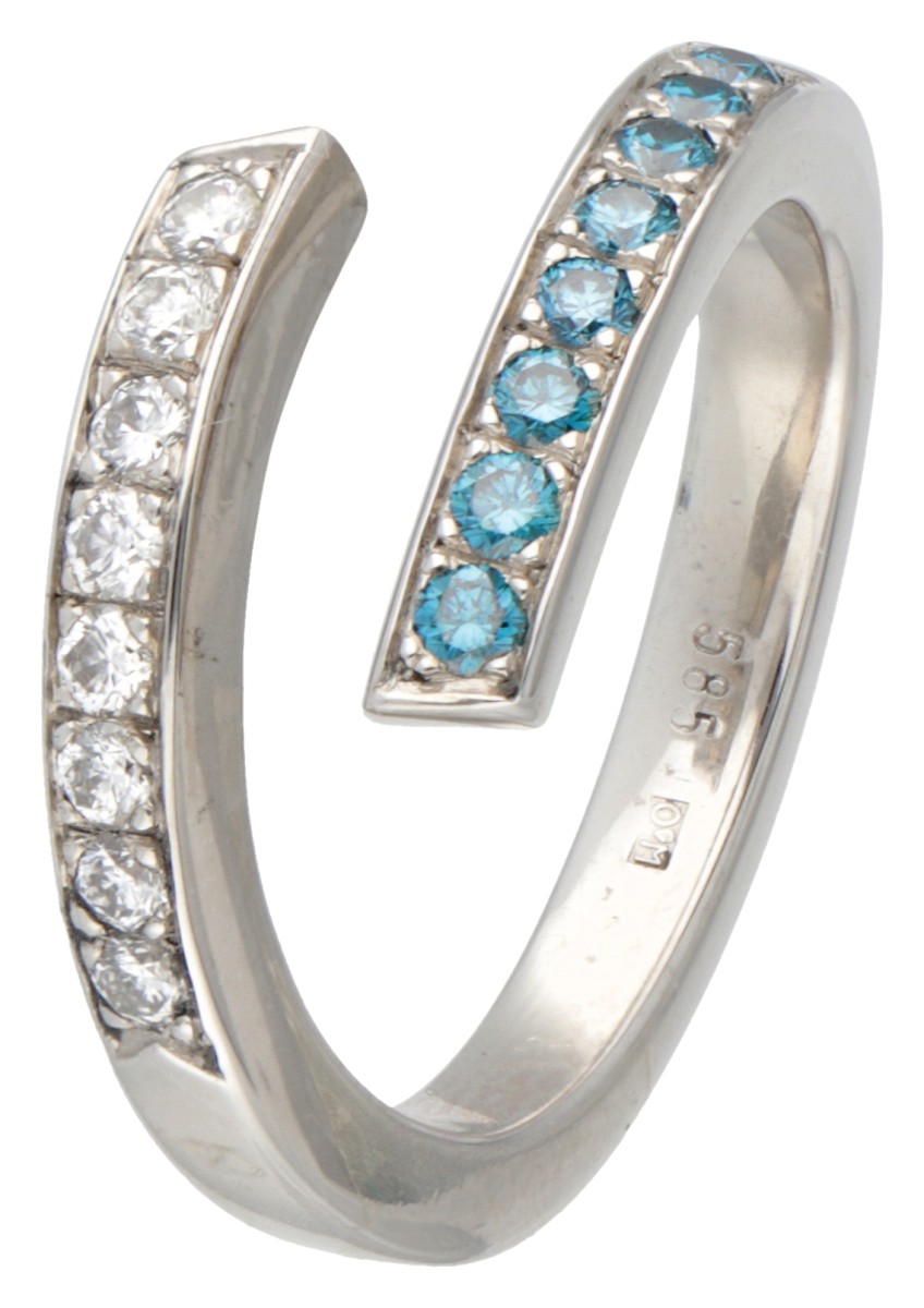 18 kt. Witgouden ring bezet met ca. 0.28 ct. witte en blauwe diamanten.