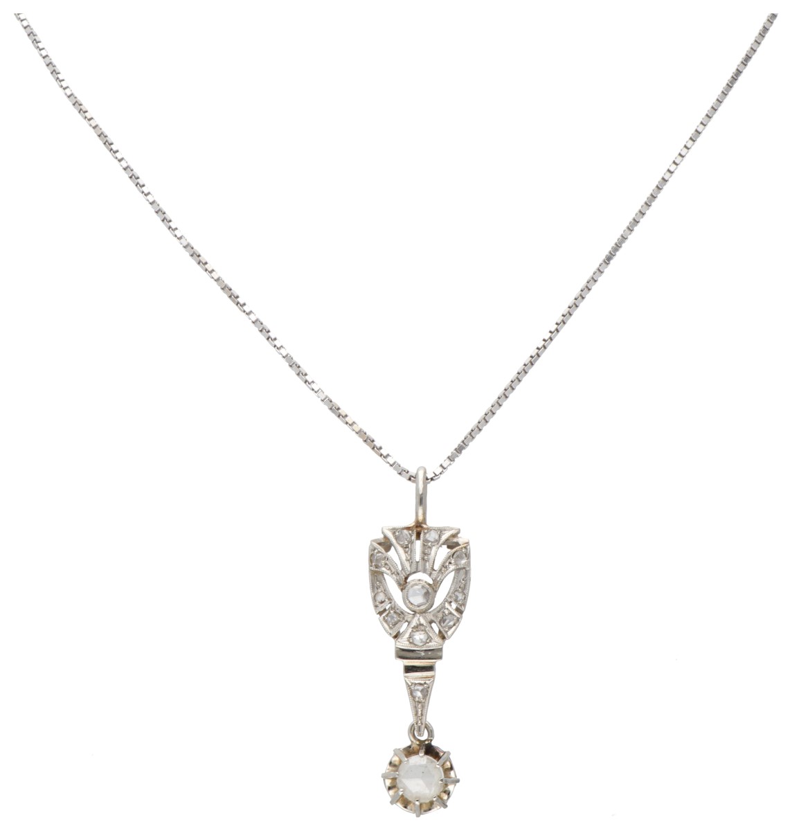 18 kt. Witgouden collier en een art deco hanger bezet met diamant.