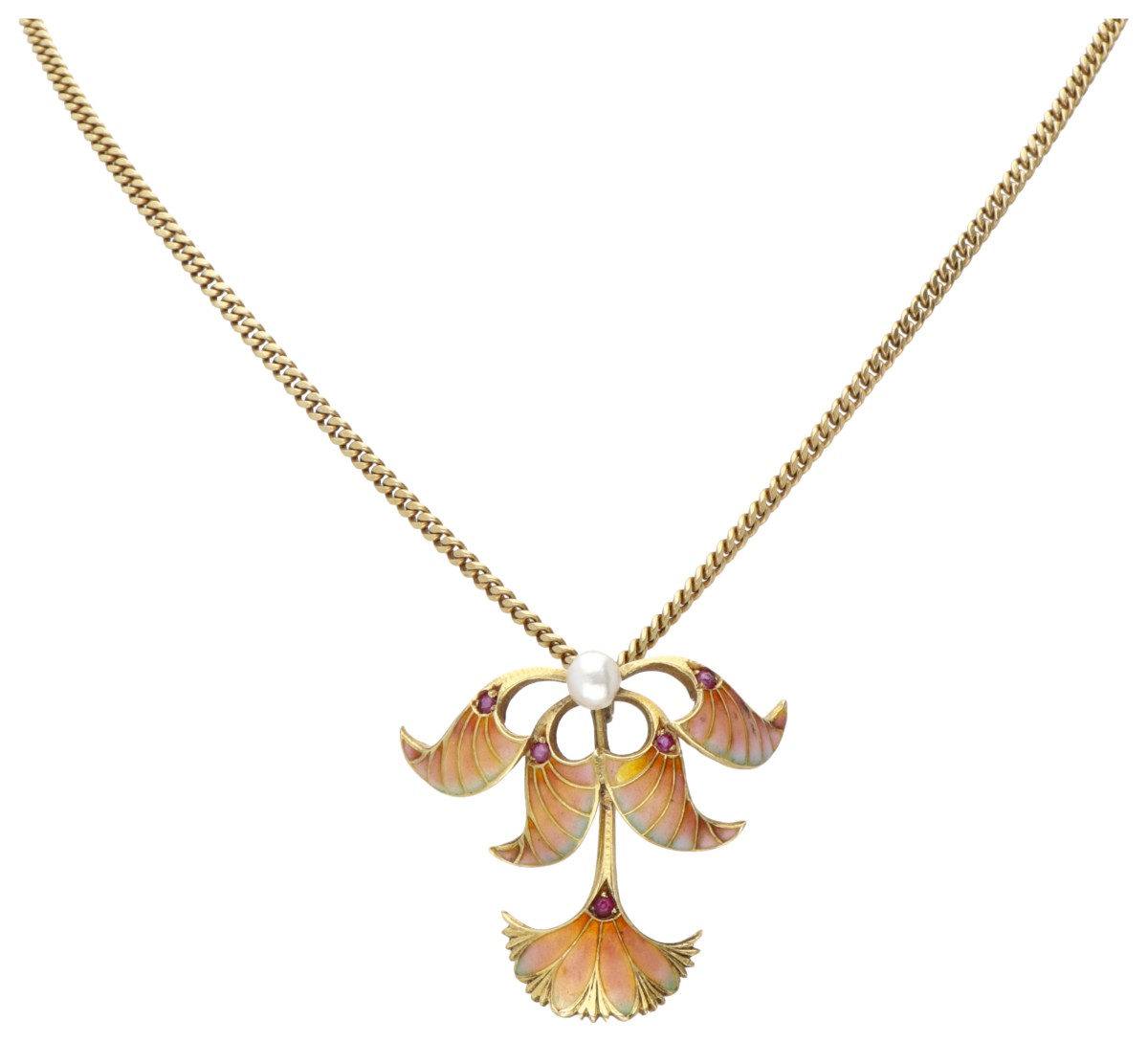 14 kt. Geelgouden collier en geëmailleerde art nouveau hanger bezet met robijn en parel.