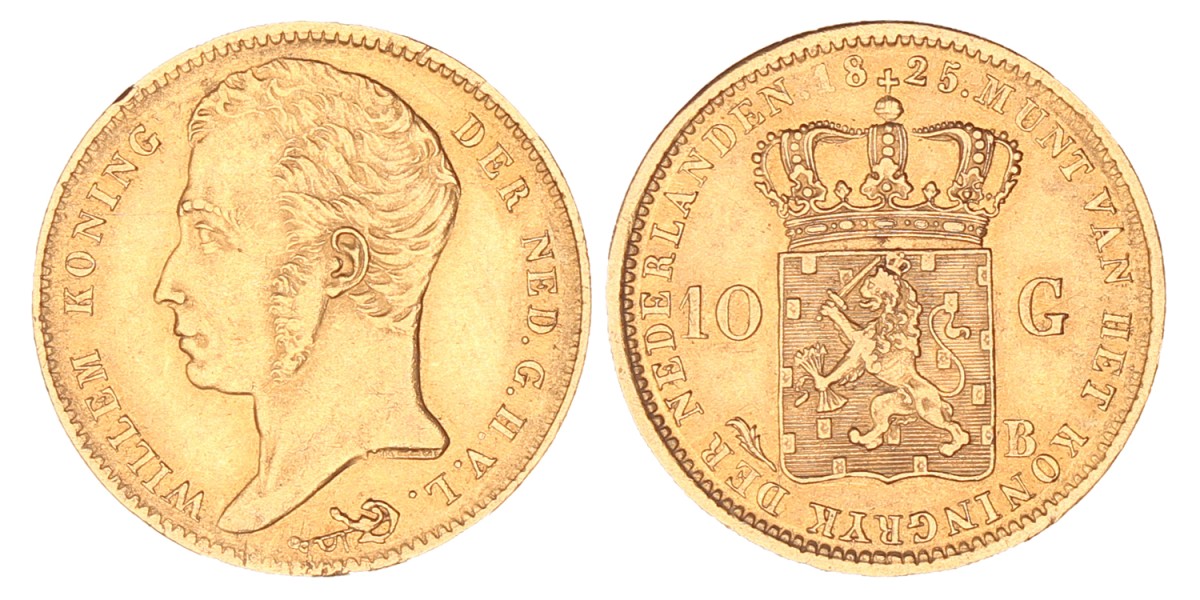 10 gulden goud. Willem I. 1825 B. Zeer Fraai +.