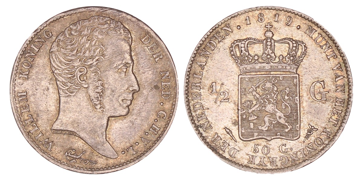 ½ Gulden. Willem I. 1819 U. Prachtig.