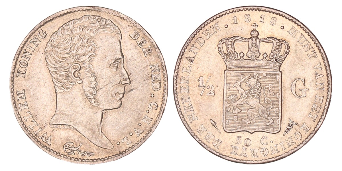 ½ gulden. Willem I. 1818 U. Prachtig.