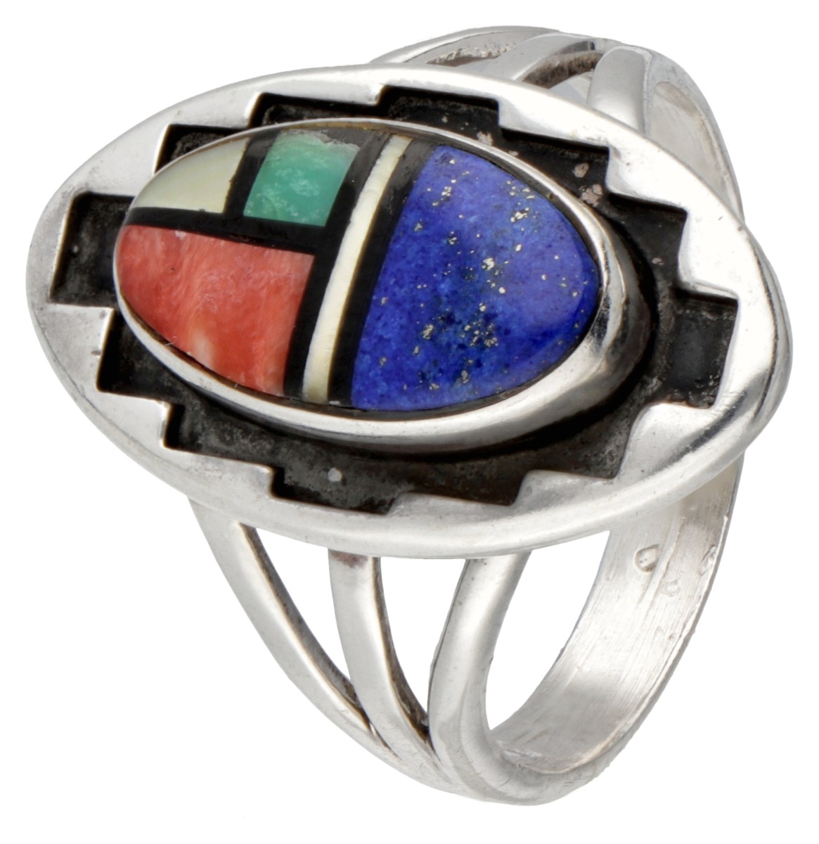 Tèmè Navajo sterling zilveren Native American ring met ingelegde edelstenen.