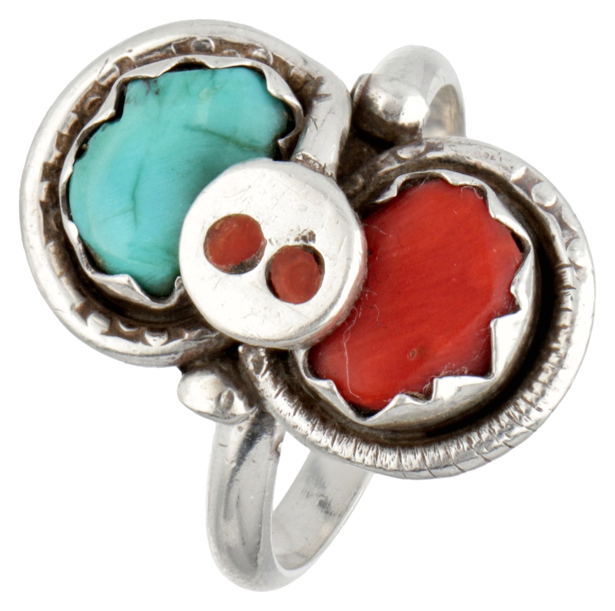 Effie Calavaza sterling zilveren Native American ring bezet met turkoois en bloedkoraal.