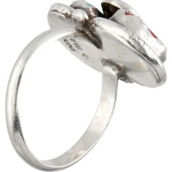 Effie Calavaza sterling zilveren Native American ring bezet met turkoois en bloedkoraal.