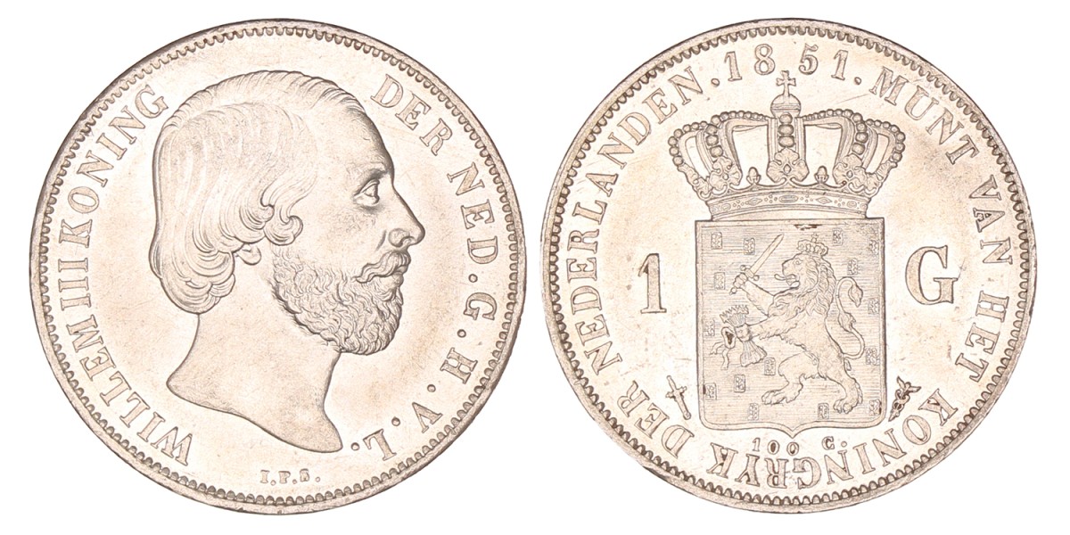 1 Gulden. Willem III. 1851. UNC -.