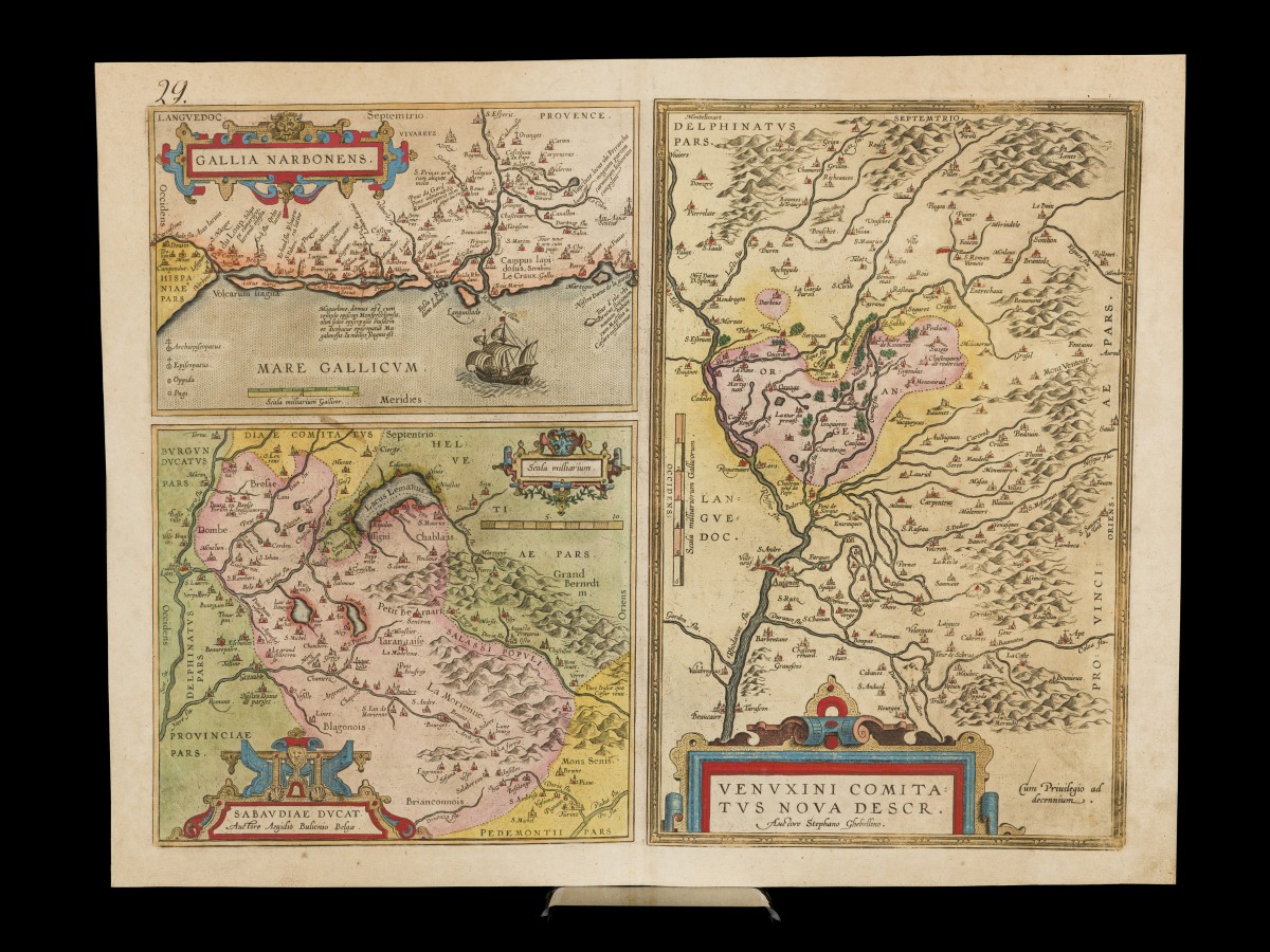 Abraham Ortelius (Antwerpen 1527 - 1598), Een landkaart voorstellende Zuid-Frankrijk, Avignon en de Savoye - Gallia Narbonens / Sabaudiae Ducat/ Venuxini Comitatus, Antwerpen, Christoffel Plantijn, ca. 1595.