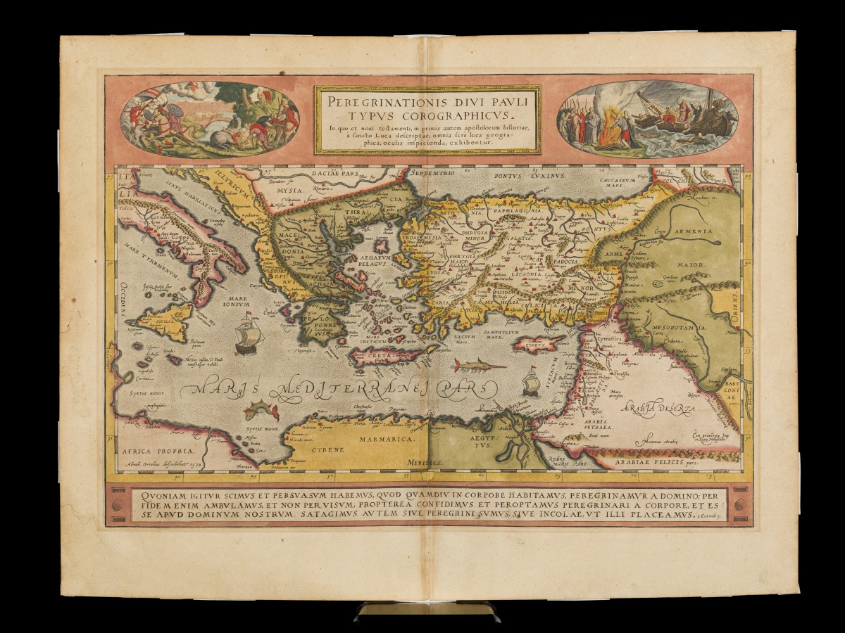 Abraham Ortelius (Antwerpen 1527 - 1598), Landkaart van de reizen van Paulus de Apostel door de Mediterranée - Peregrinationis divi Pauli Typus Corographicus, ca. 1590.