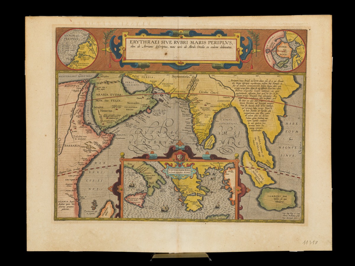 Abraham Orthelius (Antwerpen 1527 – 1598), Landkaart van de Indische Oceaan en aangrenzende regio's: Midden Oosten, India en Zuidoost Azië - Erythraei Sive Rubri Maris Periplus, Antwerpen, ca. 1595.