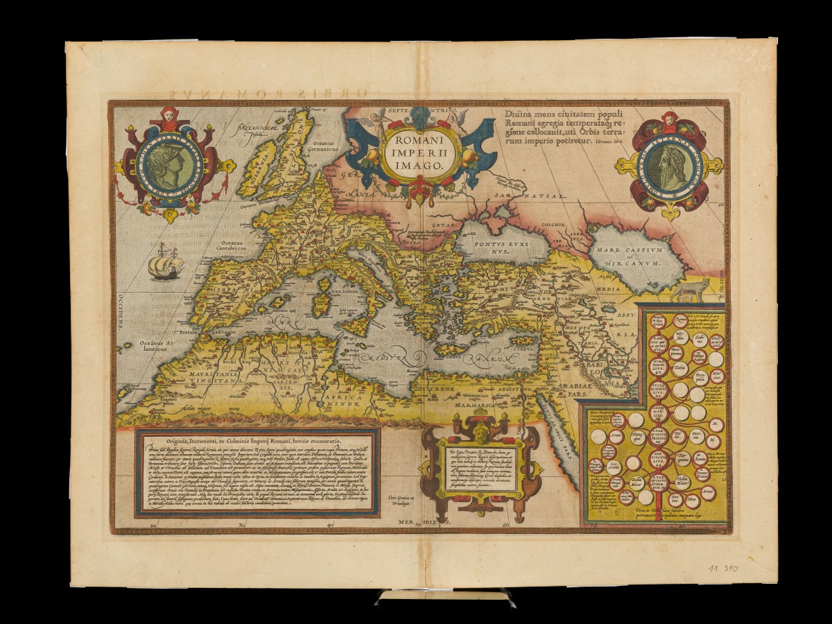 Abraham Ortelius (Antwerpen 1527 - 1598), Landkaart van het Oude Romeinse Rijk, Europa en Noord-Afrika - Romani Imperii Imago, Antwerpen, 1587.